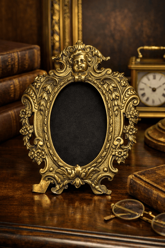 Antique French Brass Oval Photo Frame with Cherub – Art Nouveau Victorian Era - Workshop & Study