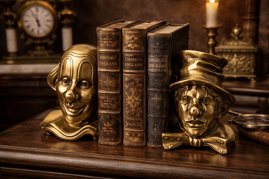Vintage Solid Brass Clown Bust Bookends – Heavy Art Deco Style Sad Clown Sculptures (Pair, 7+ lbs) - Workshop & Study