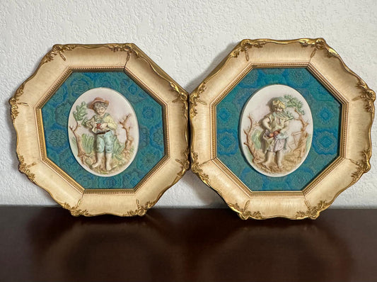 Antique Framed Children Lithographs, Pair – Gilt Frames with Oval Prints, European School c. 1900