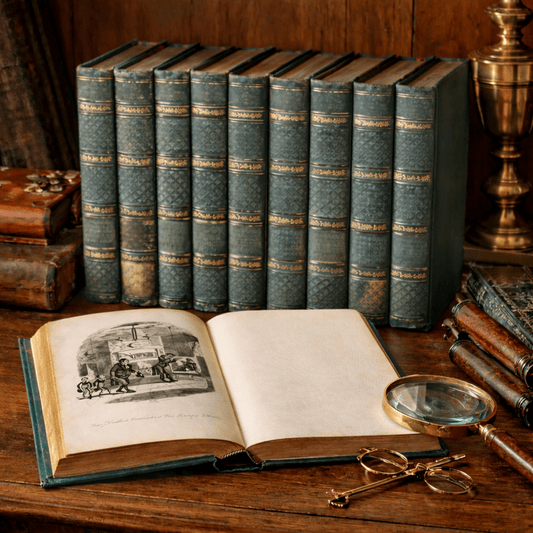 Antique Charles Dickens Uniform Edition Set c.1865–1866 Chapman & Hall London – Victorian Green Cloth – Library Decor Collection - Workshop & Study