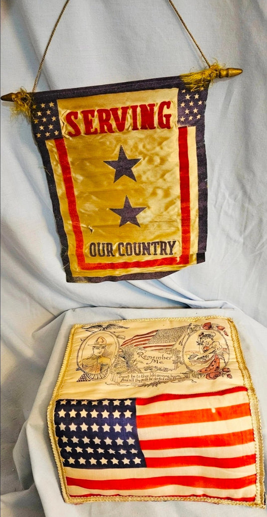 World War I Patriotic Silk Textile Set – “Serving Our Country” Banner & “Remember Me” Pillow Cover (c. 1917–1919) - Workshop & Study