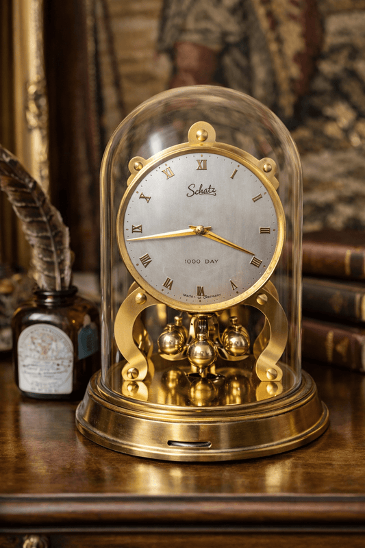 Vintage Schatz 1000 - Day Anniversary Clock with Glass Dome – Brass Torsion Pendulum Mantel Clock - Workshop & Study