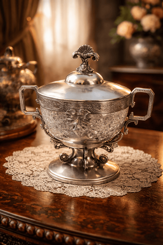 Antique Webster Silverplate Covered Sugar Bowl w/ Cut Crystal Liner – Victorian Pedestal Dish 3 - Workshop & Study