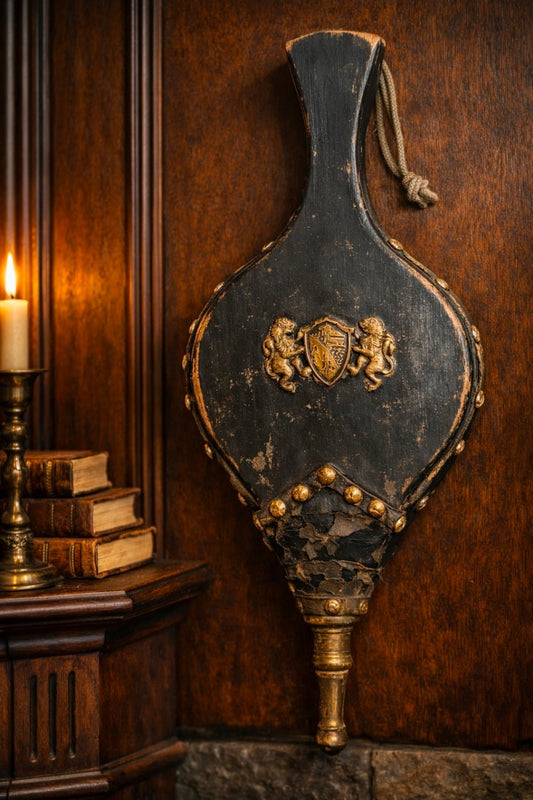 Vintage Fireplace Bellows – Medieval Heraldic Crest, Studded Leather & Brass, c. 1960s - Workshop & Study