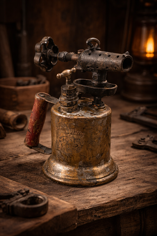 Vintage Brass Blowtorch Blow Lamp – Industrial Steampunk Tool Decor – Antique Workshop Torch Primitive Metal Tool