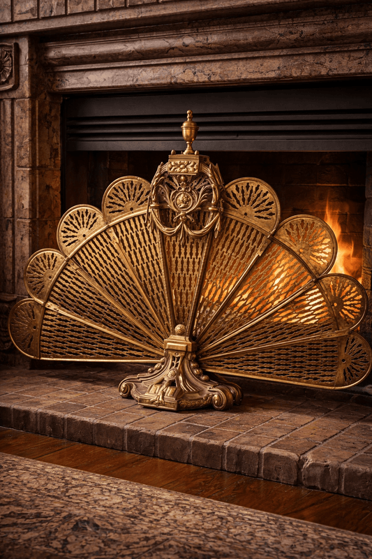 Antique Brass Fan Fireplace Screen | Ornate Victorian / Art Nouveau Fire Guard | Large Decorative Hearth Screen - Workshop & Study