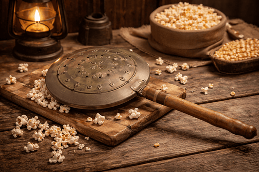 Vintage Metal Stovetop Popcorn Popper with Wooden Handle – Flip Style Campfire Popper Rustic Kitchen Decor - Workshop & Study