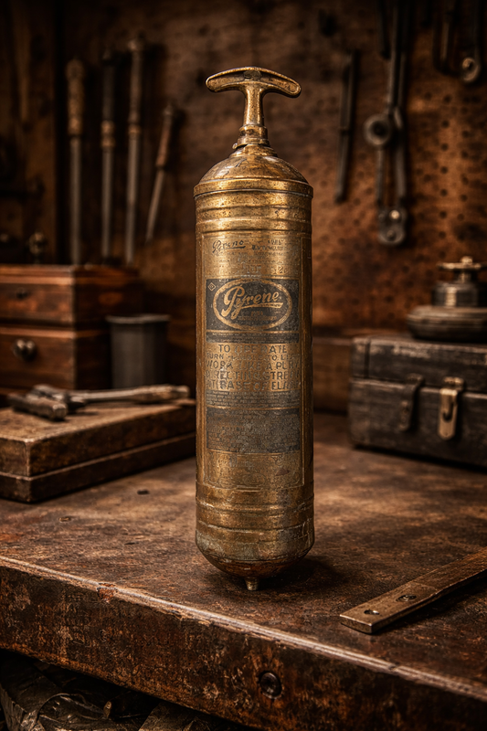 Vintage Pyrene Fire Extinguisher Brass Pump Style – Antique Industrial Decor – Early Auto / Garage Collectible