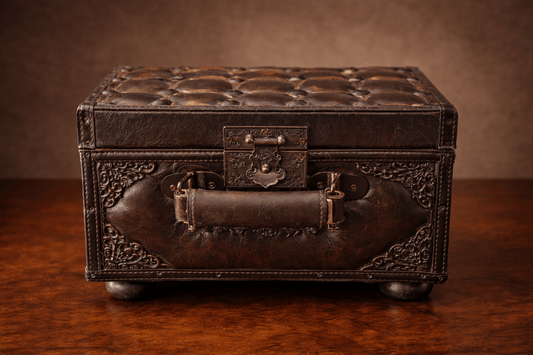 Antique Embossed Leather Jewelry Box with Tufted Lid, Victorian Style Storage Chest, Vintage Decorative Keepsake Box - Workshop & Study