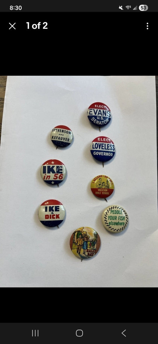 Vintage Political Campaign Pin Lot – Eisenhower “Ike 56”, Stevenson, Loveless, Mid - Century Buttons - Workshop & Study