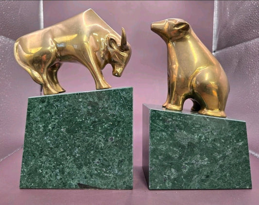 Mid - Century Brass Bull & Bear Market Bookends – Green Marble Bases - Workshop & Study